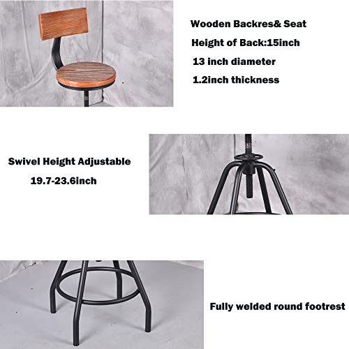 Bokkolik Set Of 2 Vintage Bar Stools With Wood Backrest Swivel Wooden Seat Counter Height Adjustable 19.7-23.6Inch For Kitchen Island Dining Stool Office Guest Chair #TOP3