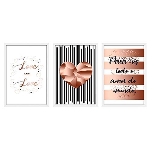 Kit 3 Quadros Decorativos Com Moldura Branca Para Casal Rose Abstrato Tamanho Grande 33x43