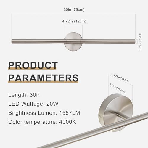 Image of Brushed Nickel Bathroom Light Fixtures Over Mirror 30 Inch, 20W 360 Rotatable Dimmable 4000K LED Vanity Light Bar, Modern Bathroom Vanity Lights Above Mirror