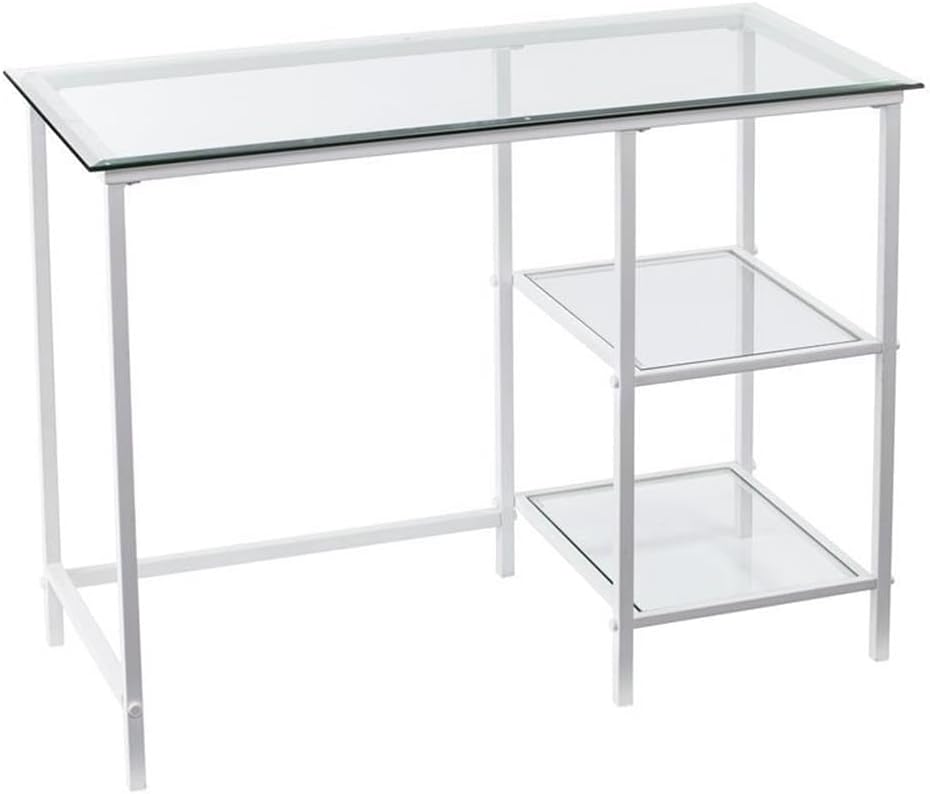 Pemberly Row 30" x 42" Contemporary Glass Top & Metal Student Desk with Broad Workspace & 2 Fixed Shelves, for Home Office/Bedroom/Living Room, in White/Clear Finish