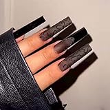ANDGING Black Press on Nails Long Coffin, Fake Nails for Women with Matte Heart Design, Acrylic Glue