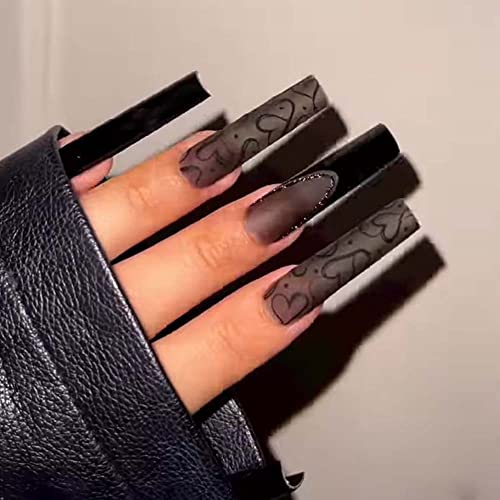 Andging Black Press On Nails Long Coffin, Fake Nails For Women With Matte Heart Design, Acrylic Glue On Nails, Square False Nails Press On, Reusable Stick On Nails For Wedding Christmas 24Pcs #TOP6