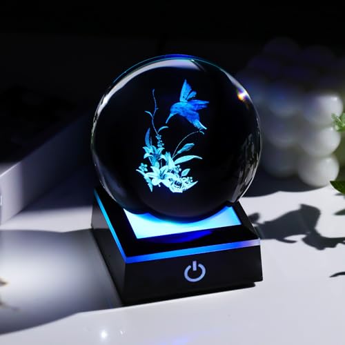Image of Arikyrist 3D Hummingbird Crystal Ball Gifts for Women Men on Christmas Birthday, Laser Engraved Hummingbird Figurine with Light Base, Hummingbird Globe Glass Decorative Ball for Home Office (80mm)