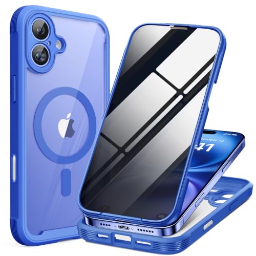 Miracase for iPhone 16 Case with Privacy Screen Protector, Blue | Compatible with MagSafe | 360° Full Protection | Clear Back Cover | Shock-Absorbent | Military-Grade | 6,1 Inch