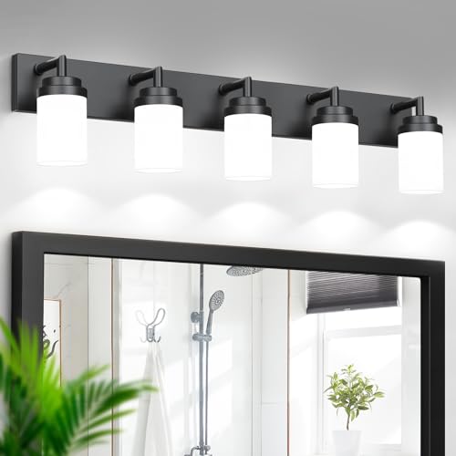 Image of Bathroom Light Fixtures, Matte Black Bathroom Lighting Fixtures Over Mirror, Modern Vanity Light with White Glass Shade, Restroom Lighting Fixtures, 5-Light 36-inch