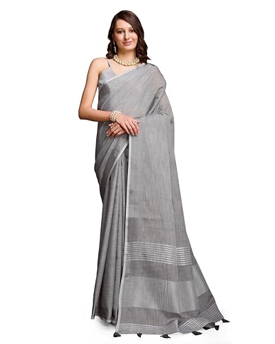 Image of SWORNOF Women's Linen Cotton Silk Saree with Unstitched Blouse Piece | Saree for Women | Saree with Blouse Piece | Soft and Skin Friendly