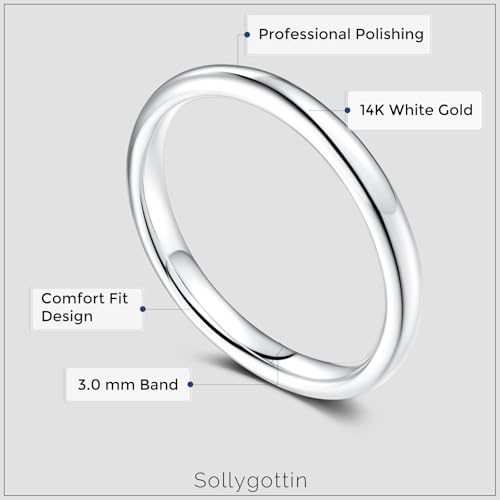 14K White Gold Wedding Bands for Women, Comfort Fit Dome Polish 3mm Engagement Rings for Anniversary Size 5-93