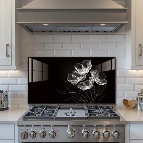 LMSDYSHU Black background flowers——Tempered Glass Backsplash for KitchenFrameless, Stove Backsplash
