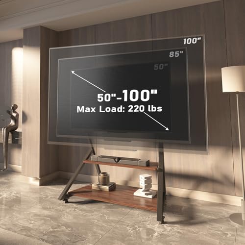Image of Rolling TV Stand on Wheels with Wood Shelf for 50-100 Inch LCD LED Flat Curved Screens, Heavy Duty Outdoor TV Cart on Wheels, Height Adjustable, Holds up to 220 LBS, Vesa 800x600mm.