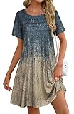 Gosunny Vestido de verano para mujer, manga corta, cuello redondo, vestido plisado frontal, vestido informal con bolsillos, B-gris caqui Boho, M