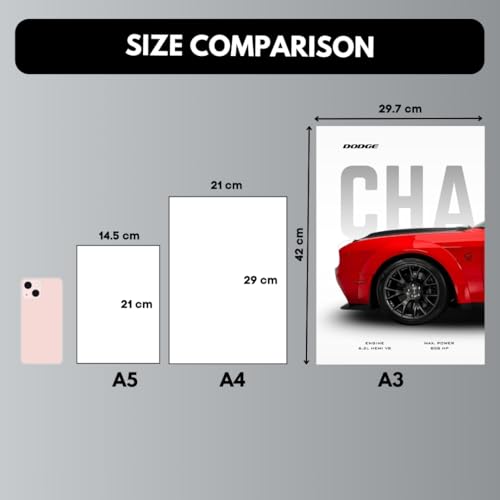 Image of Dodge Challenger Poster Split Design Car Posters | 3 A3 Sized Dodge Challenger Cars Poster for Wall | Large Size (89 x 42 cm) Muscle Cars Wall Decor | Muscle Car Posters for Room (B 039)