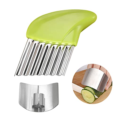 MABAHON Wellenschneider Pommes Wellenmesser mit Fingerschutz, Edelstahl Kartoffelschneider Wellenmesser Kartoffel Pommes Frites Schneider Werkzeug für Obst Gemüse Salat - Grün Cover