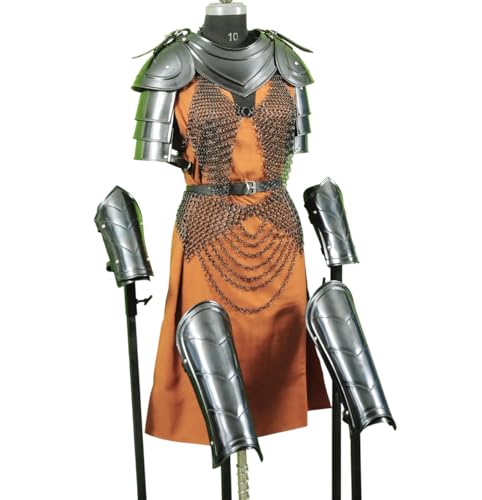 ARTIZANSTORE Handmade Blackened Steel Chainmail Armor Set - Women's Medieval Pauldrons & Gorget with Arm & Leg Guards Knight Suit