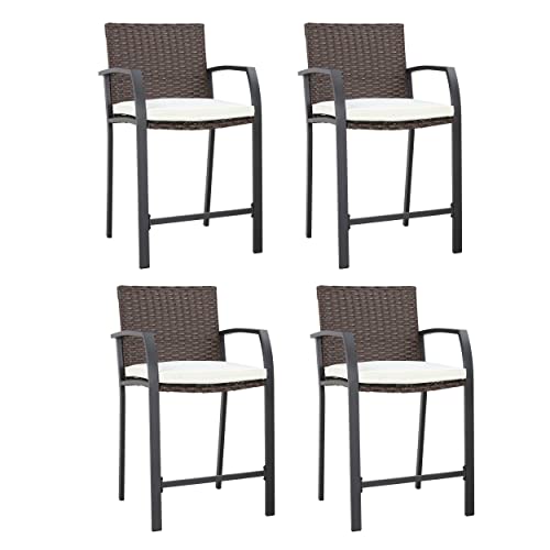 Image of LOKATSE HOME Bar Stools Counter Height Chair Set of 4 Wicker Decoracted Patio Furniture with Armrest for Garden Pool Lawn Backyard