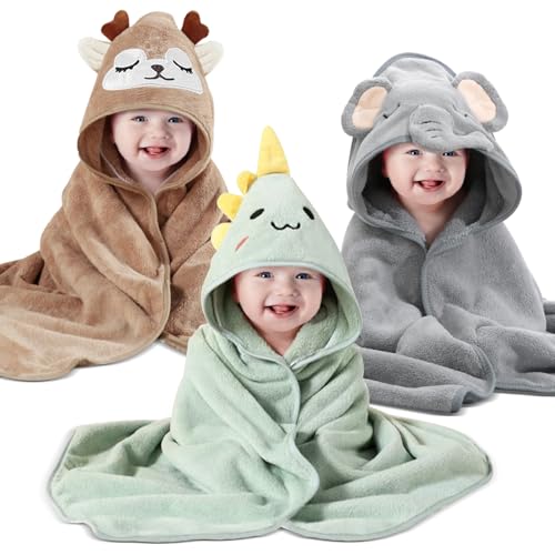Moorstdel 3 Pcs Hooded Baby Towel, Ultra Soft Newborn Towels, unique Animal Design Baby Towel Set with Hood, Super Absorbent, baby essentials for newborn, for Newborn Baby Boy and Girl, 80x80cm