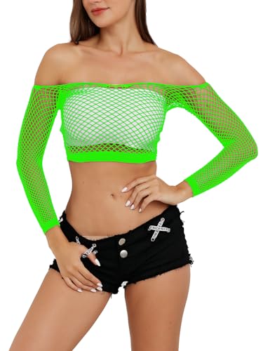 Lemon Girl Women Fishnet Tube Top Lingerie Babydoll Chemise Mesh Long Sleeve Tops US2-16, Green, One Size