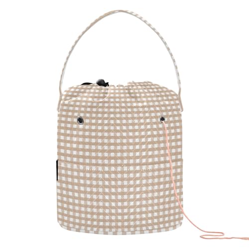 Yuiboo Crochet Yarn Bag Brown Gingham Crochet Case Organizer Portable Craft Bag for Knitting Tool Crochet Organizers