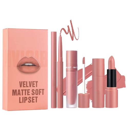 Matte Lipstick Set – 3PCS Nude Lipstick Long Lasting Lipliner Pencil – All-IN-One Lip Filler Lip Gloss Liquid Lip Stick Kit – Lip Liner Set Lip Makeup Kits for Women Girls Daily Makeup