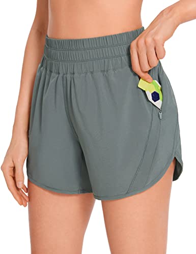 Crz Yoga Womens Mid Waisted Running Shorts Liner - 5'' Quick Dry Athletic Sport Workout Track Shorts Zip Pocket Grey Sage Medium #TOP25