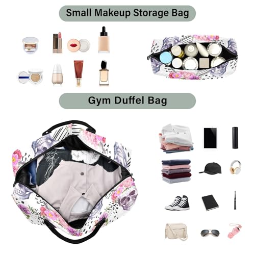 OTVEE Skulls with Pink Flowers Travel Gym Duffel Bag Quilted Weekender Bags Carry on Overnight Tote Bag for Women Men4