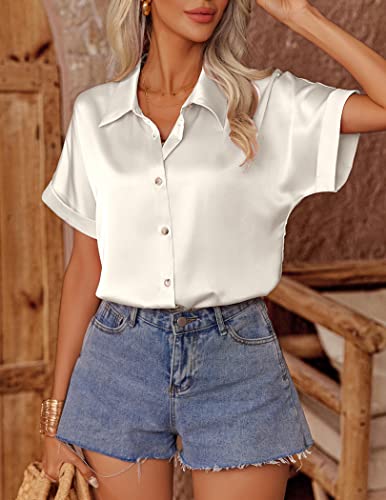 Hotouch Satin Blouses For Women Button Down Silky Shirts Lapel Collar Short Sleeve Casual Office Tops White L #TOP1