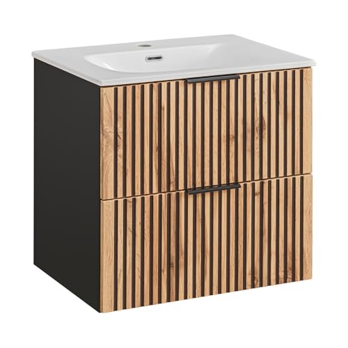 Lomadox Badezimmer Waschtisch 61 cm Waschbecken mit Unterschrank Waschbeckenunterschrank anthrazit mit Eicher Nb. schwarz gerillt, 61x58,5x46 cm