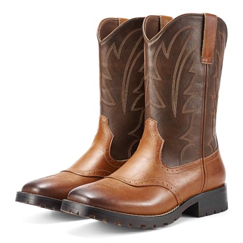 Image of Rollda Cowboy Boots for Men Western Boots Men's Square Toe Chunky Heel Mid-Calf Boots Classic Embroidered Pull On Boots