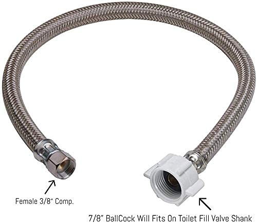 EZ-Fluid 16“ Toilet Water Supply Line Connector, Braided Stainless Steel - 3/8“ Female Compression Thread x 7/8” Female Ballcock Thread 16-Inch Toilet Water Connectors Hose (1-PACK) - Thumbnail 3