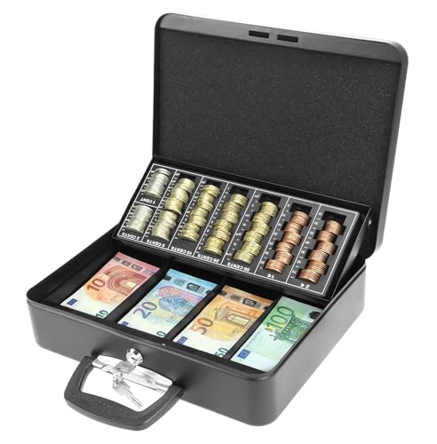 QWORK® Caja con llave, negro 30X 24 X 9CM caja dinero, caja caudales con tabla para contar monedas, para casa, supermercado