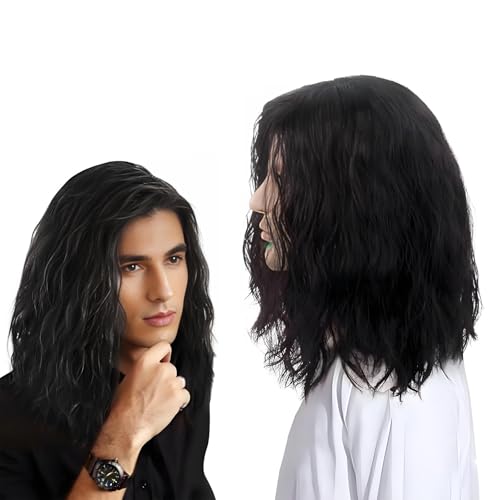 Mens Black Wig Mid Length Curly Hair, Long Wave Wig For Men,Handsome Mens Cosplay Wigs For 70s 80s Fancy Dress Daily Costume Party Halloween (Black)