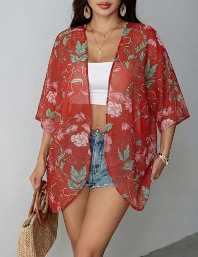 Image of Chunoy Women Floral Beach Wear Cover Up Chiffon Kimono Cardigan Open Front Blouse Top