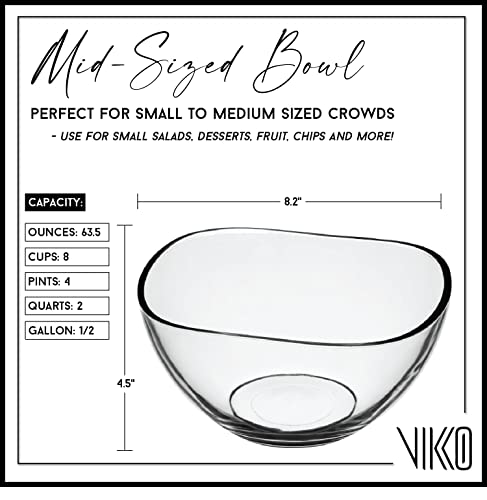 Vikko Glass Serving Bowl, 63.5 Ounce Beautiful Wavy Design, Thick And Durable Glass Mixing Bowl, For Salads, Desserts, Fruit, And More, Microwave And Dishwasher Safe Glass Serving Bowl, 8.2” X 4.5” #TOP5