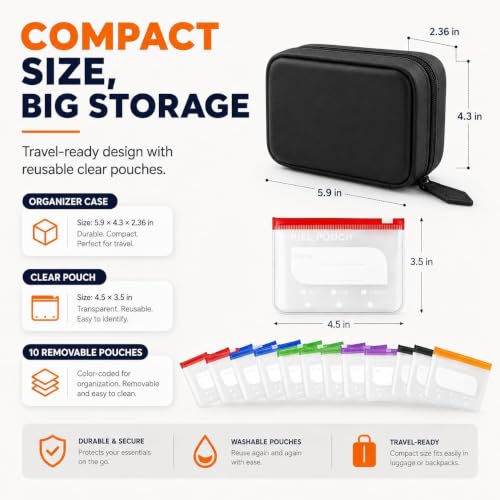Image of Waterproof Pill Pouch Set-14pcs Bags Inside - A8 Waterproof Pill Organizer Set,7 to 14 Days of Meds & Medicine Crush-Resistant Shell (Black)