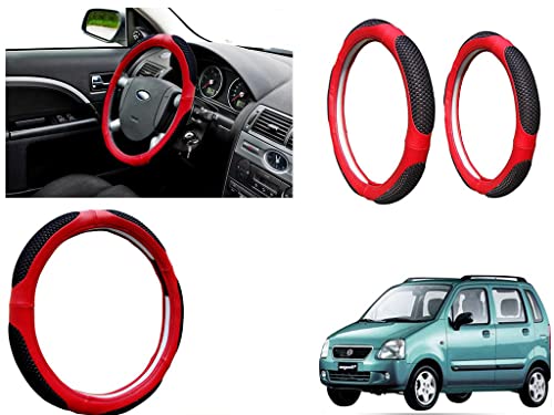 Image of Microfiber Car Steering Wheel Cover, Soft Padding Great Hand Feel, Anti-Slip, Faux Leather Steering Cover for Maruti Suzuki WagonR 2003 | Black Red Jali - Pack of 1