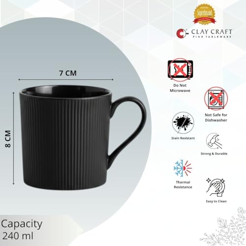 Image of Clay Craft Premium Fine Ceramic Coffee & Tea Mug Set with Elegant Gold Line Rim| Modern Ribbed Black Finish| Durable Build| Stylish Design for Home| Office & Gifting (240 Ml)