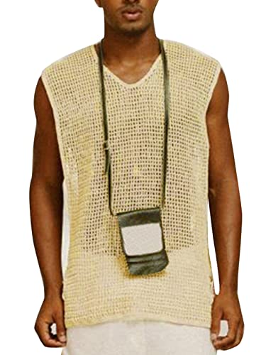 INCERUN Camisas huecas para hombre, de manga larga, malla transparente, con malla transparente, camiseta de cuello alto, camiseta sin mangas, H-beige, 4X-Large Cover