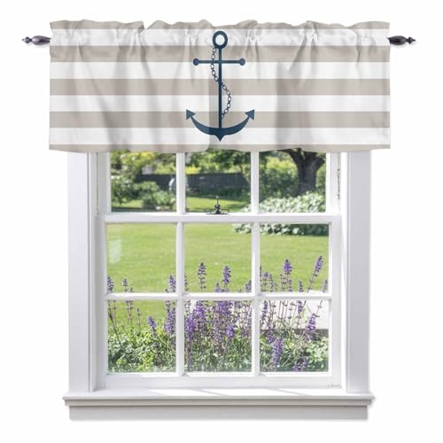 IRISDECOOOR Nautical Anchor Valance Curtains Kitchen Valance for Windows Beige and White Striped Short Curtains Privacy Bedroom Curtain Topper for Bathroom Home Decor 56" x 16"