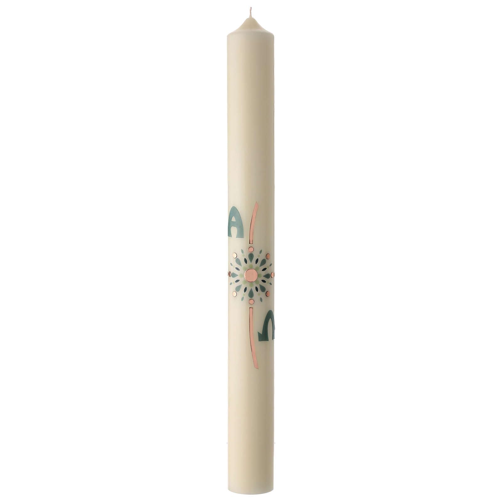 Modern Paschal Candle with coppery Cross, sea-Green Decoration and Lettres Alpha and Omega, 30x3 in