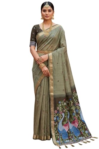 Image of SGF11 Women's Soft Cotton Linen Silk Saree With Unstitched Blouse Piece