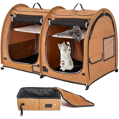 Mispace Portable Twin Compartment Show House Cat Cage/Condo - Easy to Fold & Carry Kennel - Comfy Puppy Home & Dog Travel Crate with Portable Carry Bag/Two Hammocks/Mats and Collapsible Litter Box