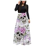 BIBOKAOKE Kleid Langarm Damen Elegant Abendkleider Lang Festlich Kleider Rundhals Maxikleider Damen GroßE GrößEn Boho Freizeitkleid Halloween Drucken hohe Taille Partykleid