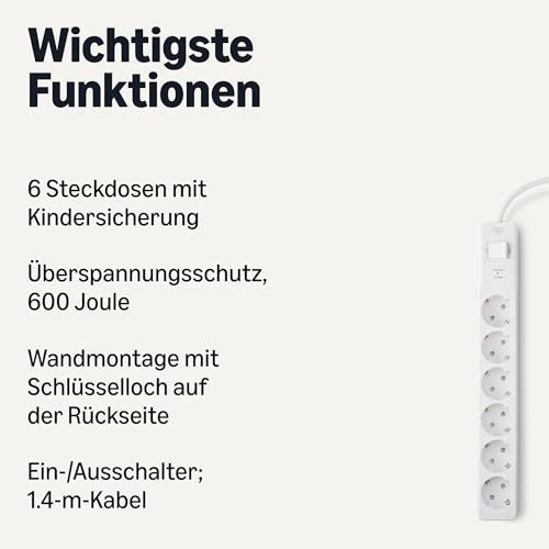 Amazon Basics Steckdosenleiste mit Überspannungsschutz (600 Joule) und Sicherheitsklappen, 6 Steckdosen, Weiß, 1,4m