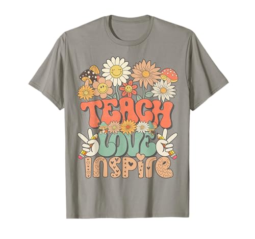 Retro Groovy Hippie Teacher Back School Teach Love Inspire T-Shirt