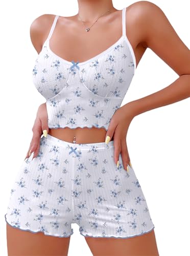 Image of Hilinker Womens Graphic Print Ribbed PJ Set Crop Cami Tops and Shorts Cute Pajamas Set