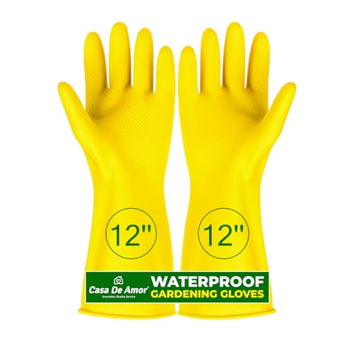 Image of Casa De Amor 12 Inch Long Heavy Duty Latex Rubber Gardening Gloves - Waterproof & Reusable Garden Gloves for Home, Farming, Agriculture & Dairy Use - 0.55mm Thick, Yellow (1 Pair)