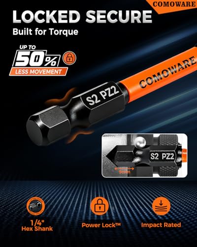 Image of COMOWARE 2 Inch PZ2 High Magnetic Impact Screwdriver Drill Bit Set, 21PCS, Anti-Slip Pozidriv Bits, S2 Steel, Phosphating Driver Bit Set with CNC Magnetic Impact Bits for Power Drill