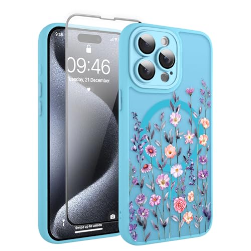 Coque iPhone 15 Pro fleurie avec écran de protection cadeau femme