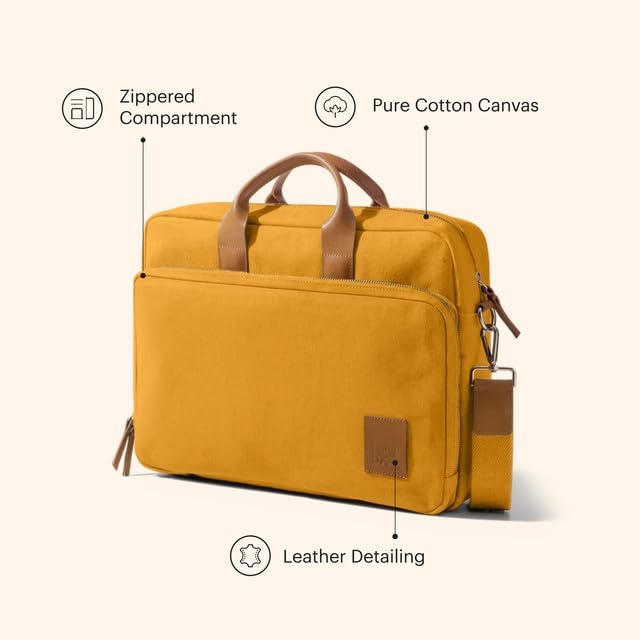 Image of DailyObjects 100% Cotton Canvas Commute Laptop Messenger Bag for Men & Women | Travel Shoulder Handbag With Trolley Sleeve | Metal Zip Closure | Leather Handles | Padded Laptop Compartment For 14 inch