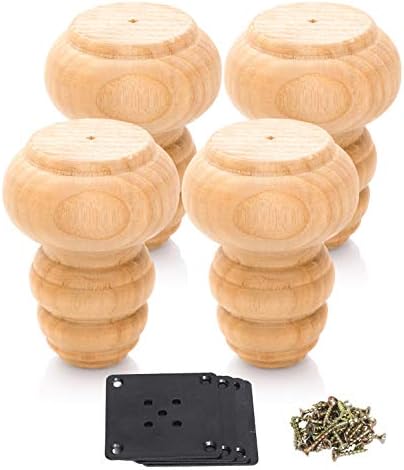 3 inch Unfinished Bun Feet for Furniture Replacement Set of 4 High DIY Solid Wood Sofa Leg for Couch Bathroom Vanity Bookshelf Cabinet Chair TV Stand Loveseat Dresser Extenders (with Mounting Plates)
