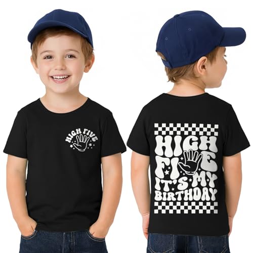 5th Birthday Shirt Toddler Boy 5 Year Old Birthday T-Shirt Short Sleeve 2-Sided Print Tee Tops Outfit (Jet Black 5T)